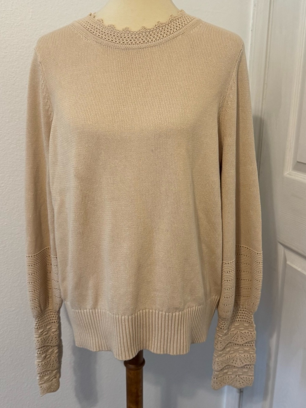 Boden Cream Sleeve Detail Pointelle Knit Sweater Puff Sleeve Boho Cotton Size 14